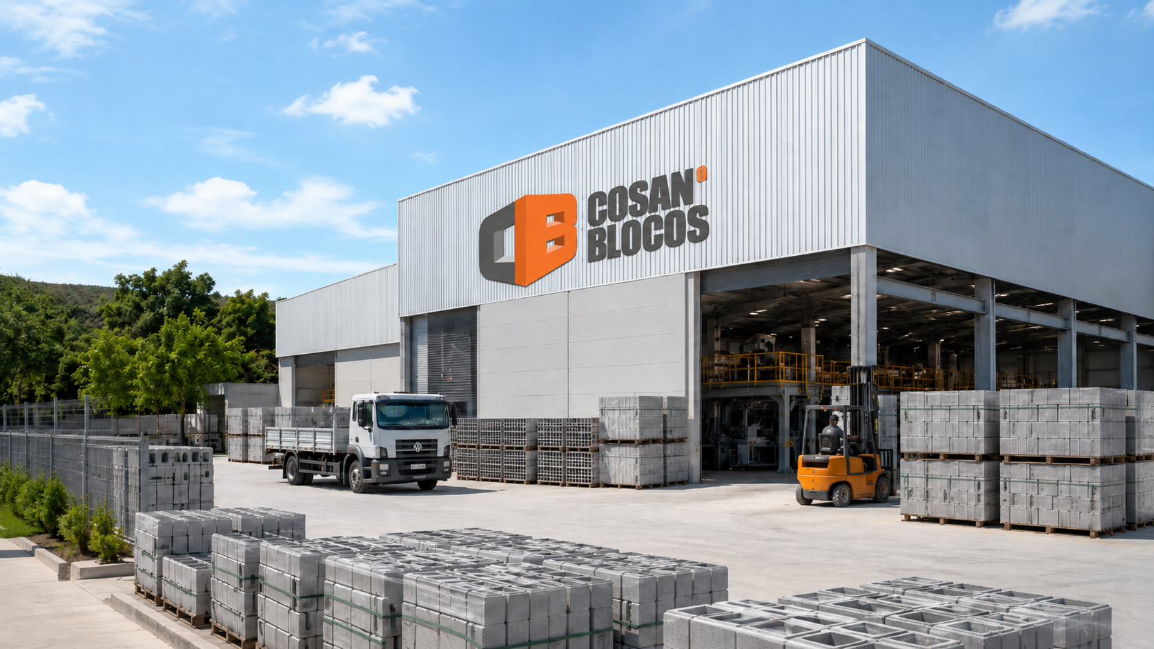 Fachada da empresa COSAN BLOCOS com fábrica, estoque e área de carregamento